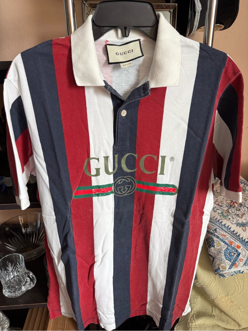 Gucci Striped Polo in Red, Navy & White with Logo
